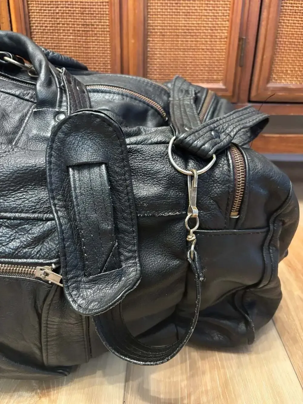 70s Vintage Large Black Genuine Cowhide Leather Travel Duffle Weekender Bag